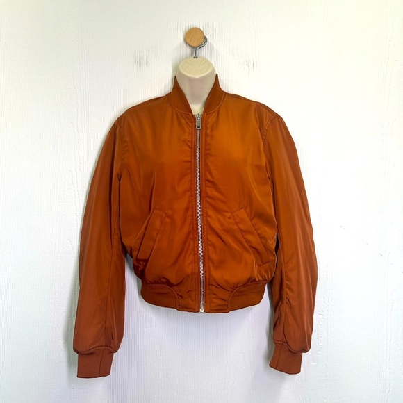H&M - Orange Shiny Zipper Closure With Pockets Long Sleeve Bomber Jacket XS - Picture 1 of 9